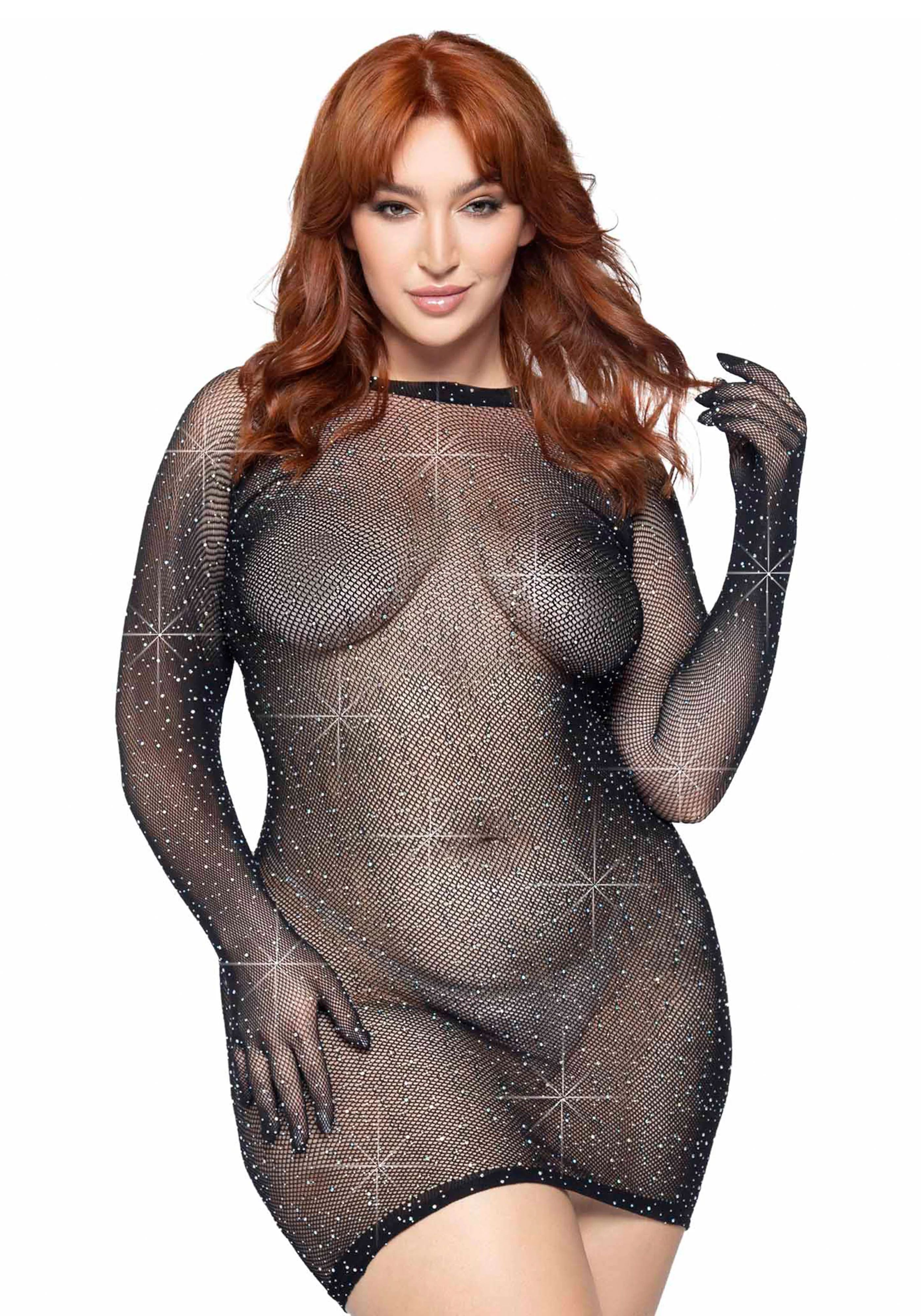 Plus Rhinestone Fishnet Gloved Mini Dress