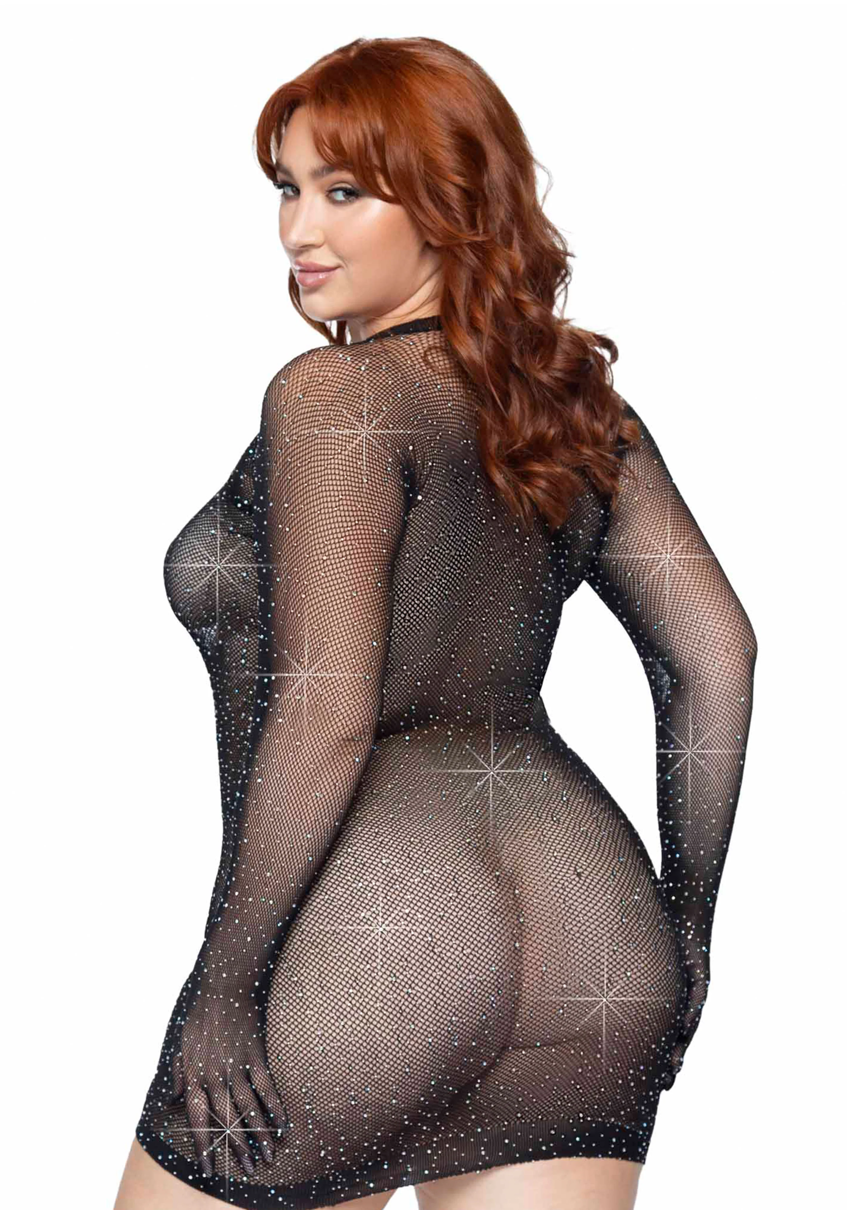 Plus Rhinestone Fishnet Gloved Mini Dress - Image 2