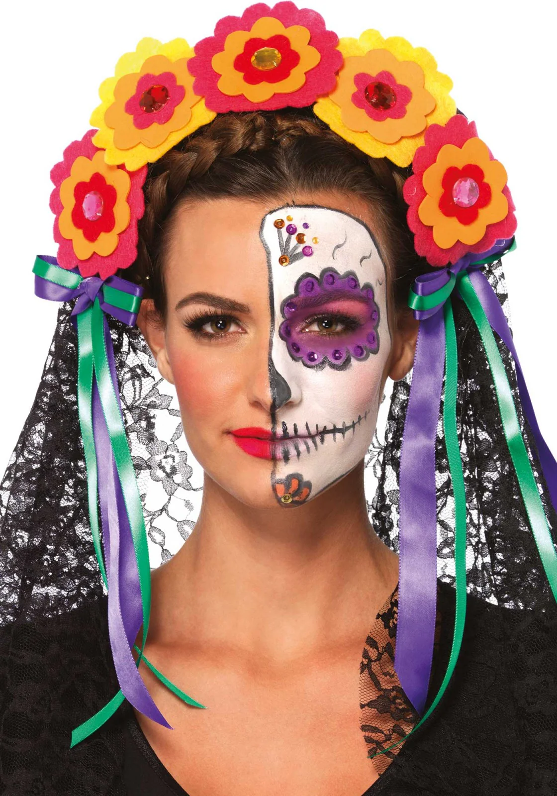 Day Of The Dead Flower Headband with Veil
